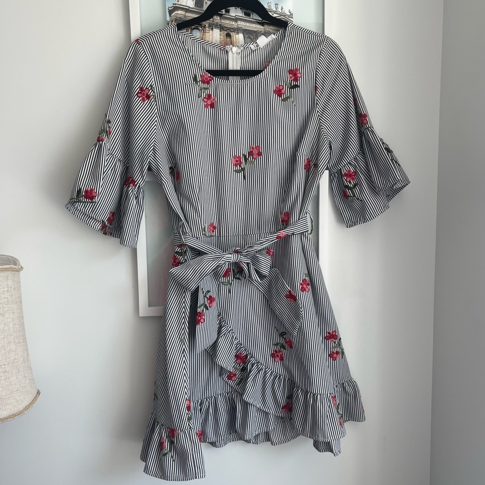 Black and White Stripped Dress with embroidered flowers